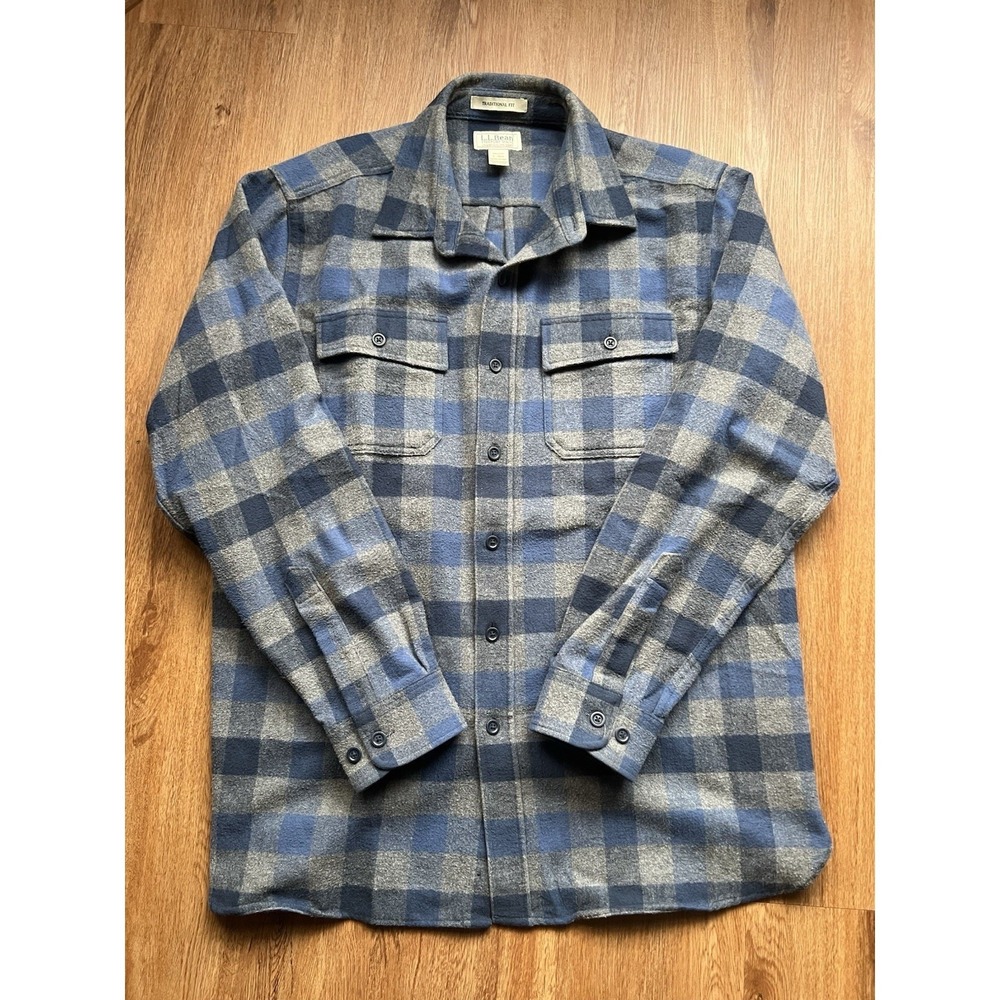 LL Bean Chamois Cloth Shirt Mens Large Blue Grey Buffalo Plaid Flannel 277981